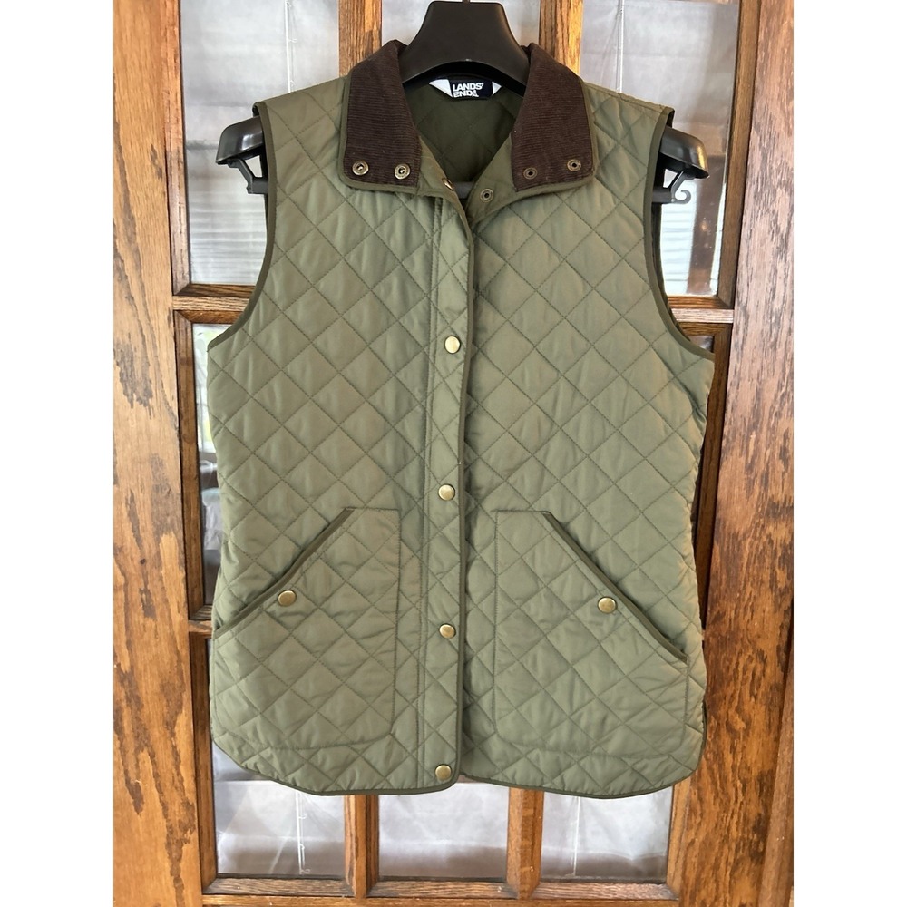 Lands' End Women's Green Quilted Barn Vest Corduroy Collar Snap Close XS